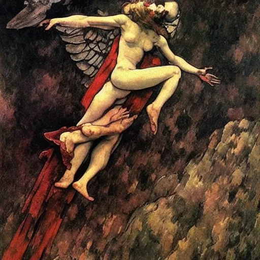 Image similar to aesthetically pleasing image of the whitewinged angel of death wearing a crimson and black robe descending on the lonesome faceless phantoms in their graves paul cezanne arthur rackham norman rockwell oil painting