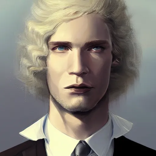 Image similar to Portrait of an androgynous man by Greg Rutkowski, he is about 30 years old, mixture between russian and irish, long fluffy blond curly hair, attractive, extremely pale white skin, smart looking, he is wearing a black futuristic lawyer outfit, highly detailed portrait, scifi, digital painting, artstation, concept art, smooth, sharp foccus ilustration, Artstation HQ