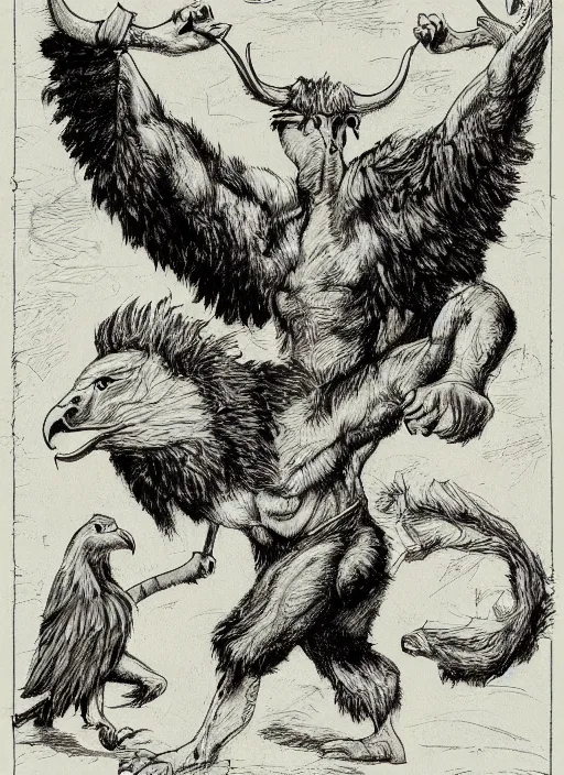 Image similar to a mighty strong creature with the body and eyes of a man, with the ( ( beak ) ) of an eagle, the mane of a lion, and the horns of an ox. drawn by boris valejo