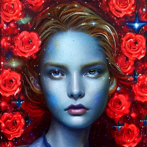 Prompt: 3 d, sci - fi, close - up, fashion model face, stars, cinematic, clouds, sun rays, vogue cover style, poster art, blue mood, realistic painting, intricate oil painting, high detail illustration, small red roses, figurative art, multiple exposure, poster art, by tooth wu and wlop and beeple and greg rutkowski