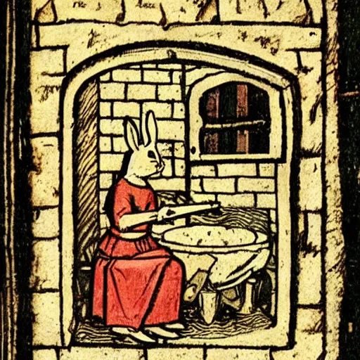 Image similar to medieval book illustration of a rabbit baking in a kitchen