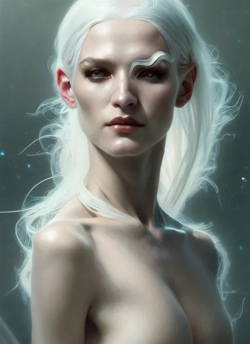 Prompt: organic cyborg, white hair, diffuse lighting, fantasy, intricate, elegant, highly detailed, lifelike, photorealistic, digital painting, artstation, illustration, concept art, smooth, sharp focus, art by John Collier and Albert Aublet and Krenz Cushart and Artem Demura and Alphonse Mucha