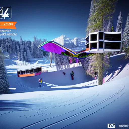 Prompt: : hyperbolic psychedelic ski resort, luxury, modern architectural plans hyper - realistic, detailed, render by c 4 d octane, unreal engine, 8 k 3 d render ray traceing