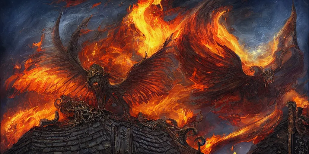 Image similar to roof on fire, fantasy art in the style of Anne Stokes, digital art, with lots of details