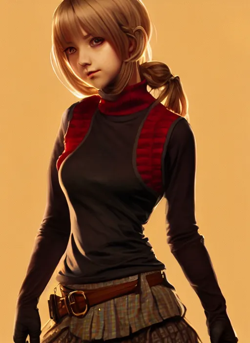 Image similar to portrait of a full body of beautiful young female detective, d & d, sleeveless turtleneck, fantasy, flat lighting, intricate, highly detailed, digital painting, artstation, concept art, smooth, sharp focus, illustration, misa amane, art by simon bisley and greg rutkowski and alphonse mucha, natural tpose
