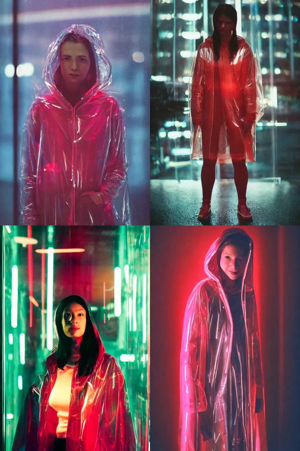 Image similar to A realistic and detailed portrait photography of a woman wearing a futuristic transparent raincoat with hoodie. by Annie Leibovitz. Neo noir style. Cinematic. Red neon lights and glow in the background. Cinestill 800T film. Lens flare. Helios 44m. Ultra detail. Photoreal. Depth of field.