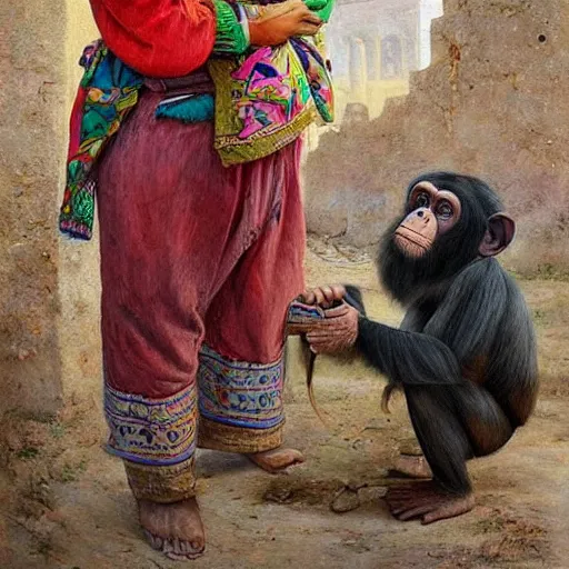 Image similar to beautiful painting by sophie anderson of a chimpanzee wearing kurdish clothes in a kurdish village, award winning art, insanely detailed, bright colors, global illumination, cute, young, stunning