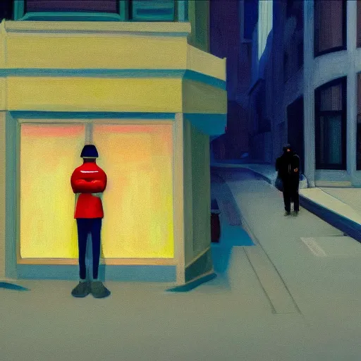 Prompt: o portrait of an astronaut walking down a lonely street, in the style of Edward Hopper, 4k,