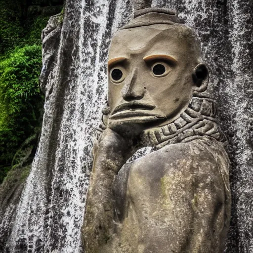 Image similar to weathered Maya stone statue of an alien in front of a wide, foggy valley with beautiful waterfall in the jungle, award winning photography, 8k