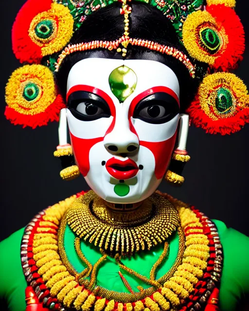 Prompt: symmetrical portrait of a kathakali dancer cyborg wearing a silicone swarovski studded red beauty mask and green hair buns, wearing a black bodysuit armour by alexander mcqueen, cream white background, soft diffused light, biotechnology, humanoid robot, bjork aesthetic, translucent, by rineke dijkstra, intricate details, highly detailed, masterpiece,