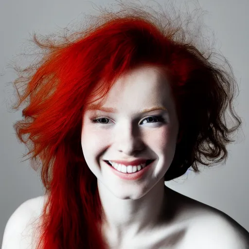 Image similar to artistic photo of a young beautiful woman with red hair looking at the camera, smiling slightly, studio lighting, award winning photo by Annie Liebowitz