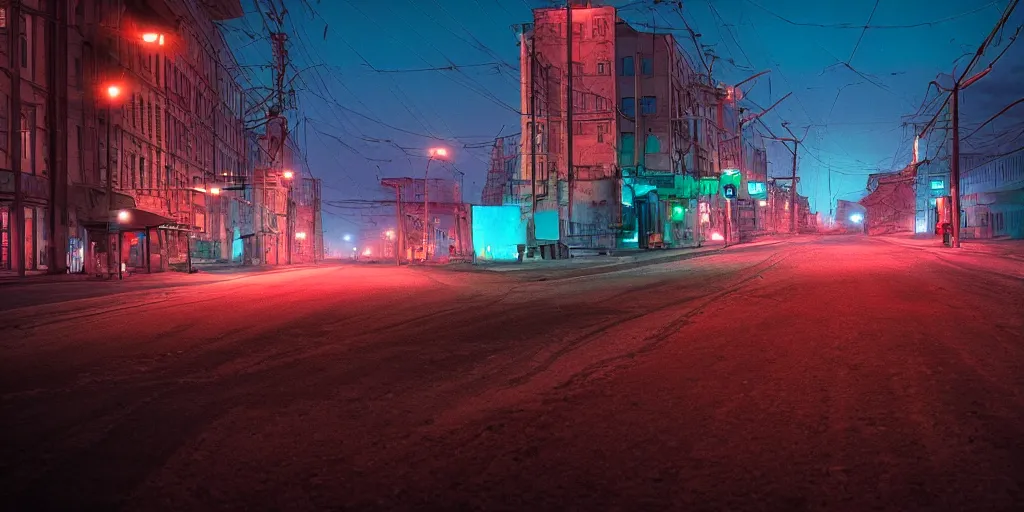 Prompt: photo of city street neon on mars, norilsk city, telephoto, anamorphic cinematography, beautiful composition, color theory, leading lines, photorealistic, moody volumetric lighting