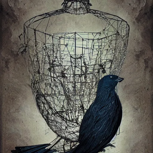 Image similar to a mechanical bird wanders between the virtual realms of urban informatics and computational social science, collage artwork by dave mckean and ivan shishkin and james jean