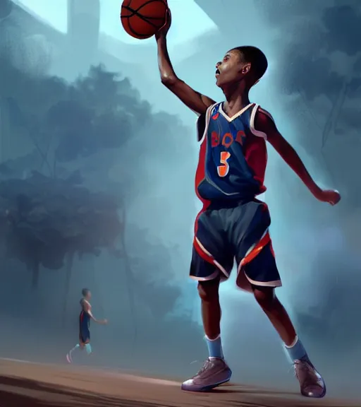 Prompt: a boy at a basketball court playing basketball wearing a basketball uniform in a basketball court, intense emotion, intricate, elegant, highly detailed, centered, digital painting, artstation, concept art, smooth, sharp focus, illustration, by Peter Mohrbacher, WLOP
