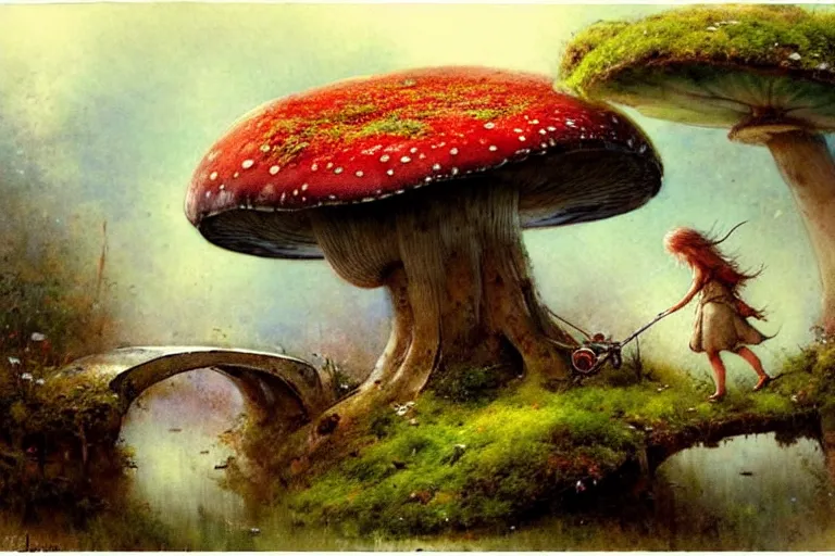 Prompt: adventurer ( ( ( ( ( 1 9 5 0 s retro future forrest of giant mushrooms, moss and flowers, stream with bridge. muted colors. ) ) ) ) ) by jean baptiste monge!!!!!!!!!!!!!!!!!!!!!!!!! chrome red