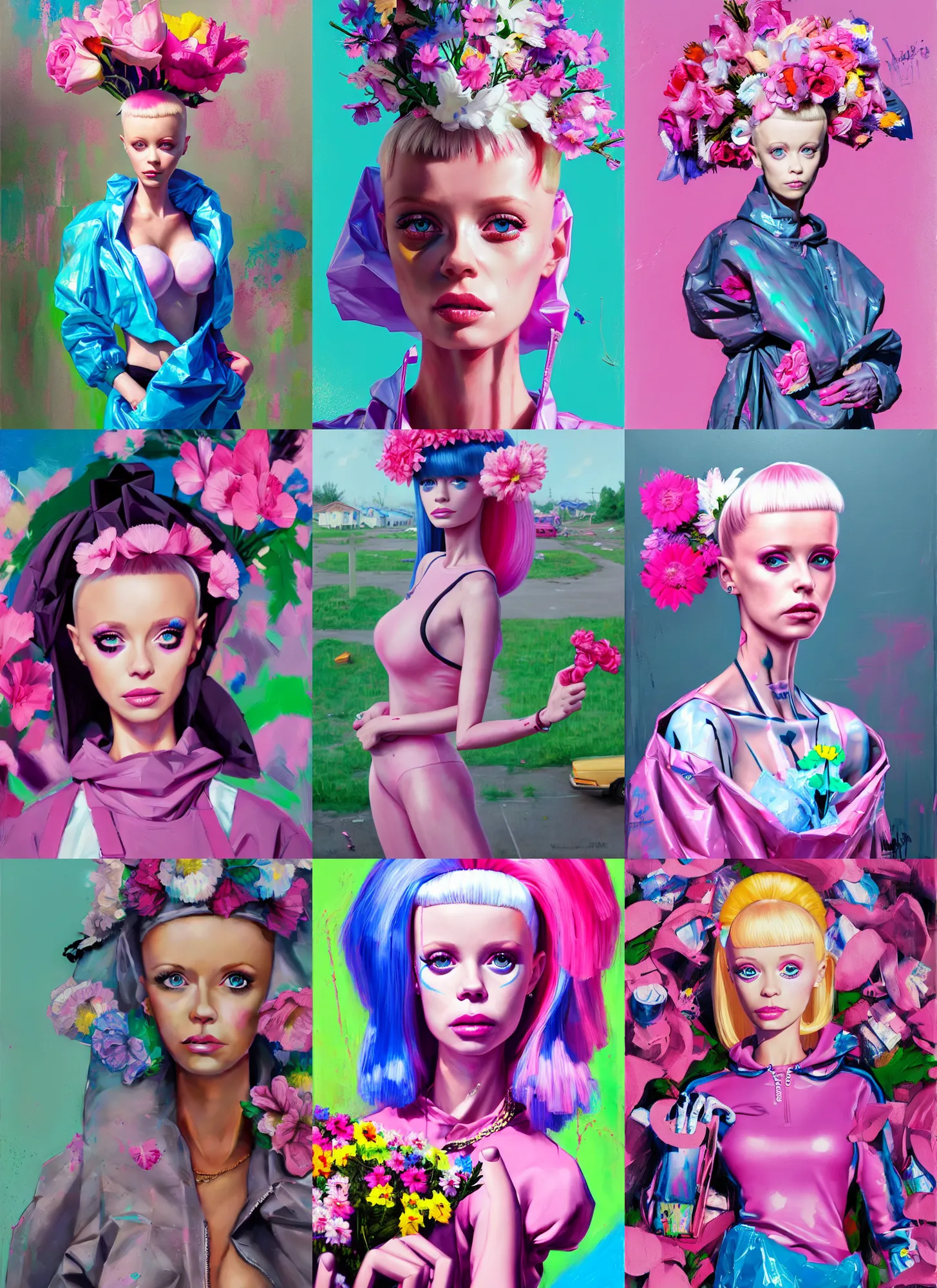 Image similar to still from music video of barbie from die antwoord standing in a township street, wearing a trashbag garbage bag and flowers, street fashion, full figure portrait painting by martine johanna, ilya kuvshinov, rossdraws, pastel color palette, detailed impasto brushwork, impressionistic