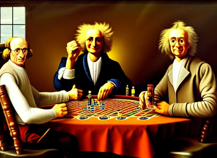 Image similar to family photo of isaac newton and stephen hawkins an einstein playing poker in an old west saloon in the style of norman rockwell