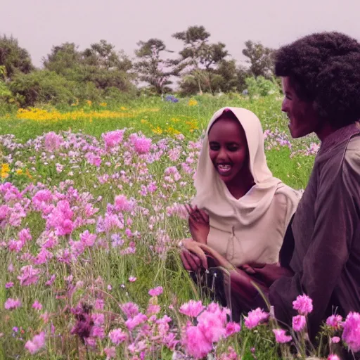 Prompt: somali friends, vintage, studio ghibli, field of flowers, city bridge, beautiful, happy, dreamy, pastel