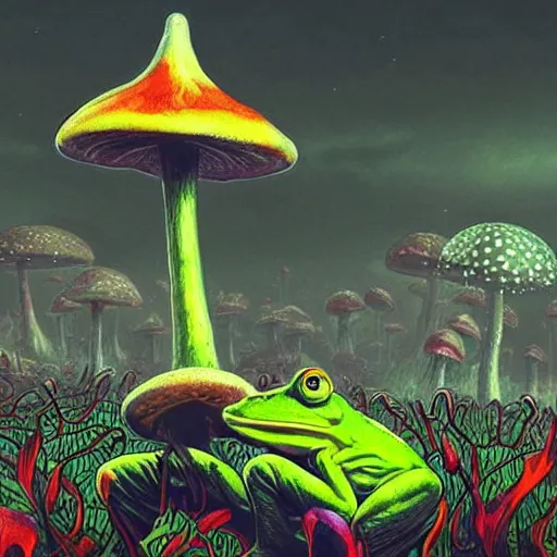 Image similar to A close up portrait of a horrifying psychedelic godlike anthropomorphic frog smoking an anime blunt , magic mushroom village in background . award winning. superb resolution. in the art style of junji Ito and greg rutkowski . Detailed Mushroom city in background. Hyper realistic anime. Perfect art. Dalle2