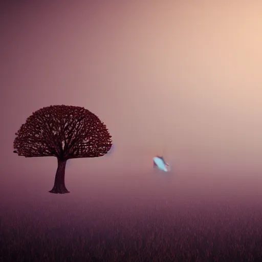 Prompt: lonely tree, lone tree, single tree, surreal, mindscape, dreamscape, magical tree, sad, lonely, mist, fog, smog, light dispersion, subtle ghostly patterns, floating alien entities, corals, coral reef, levitating fish, underwater, mushrooms, mushroom forest