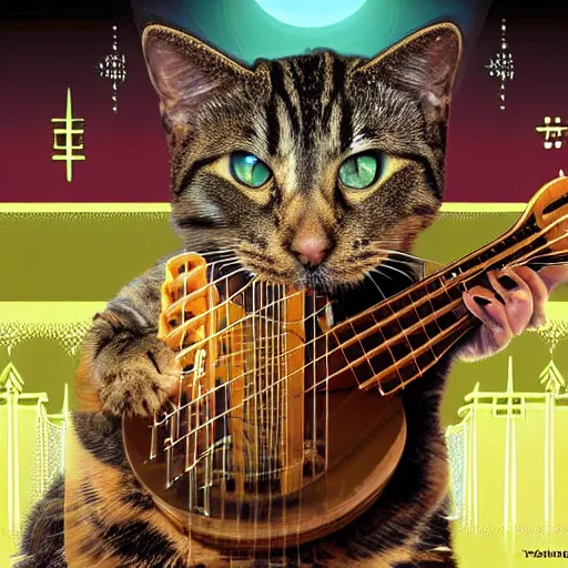 Image similar to variations of Schrodinger's cat playing the ukelele, many-worlds interpretation of quantum reality, digital art,