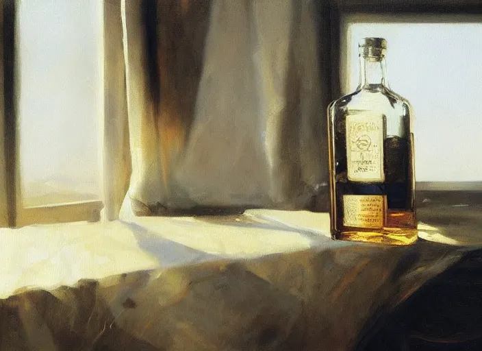 Prompt: oil painting of whiskey bottle, barley grain, art by anders zorn, wonderful masterpiece by greg rutkowski, beautiful cinematic light, backlit, window cast shadows, american romanticism by greg manchess, creation by tyler edlin, folds of fabric, tablecloth