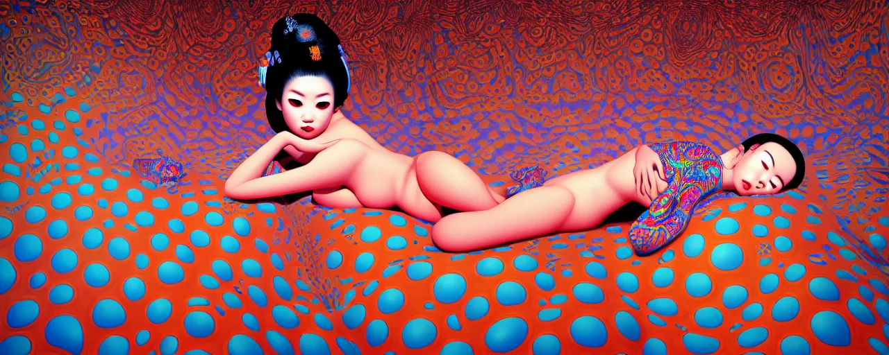 Image similar to realistic detailed image of a geisha laying down in a padded room, conjuring psychedelic background, part by yayoi kusama, part by alex gray, part by ross tran, part by james jean, ultra realistic, highly detailed, life like face, detailed body, 8 k, octane render, trending on artstation, very cohesive, masterpiece