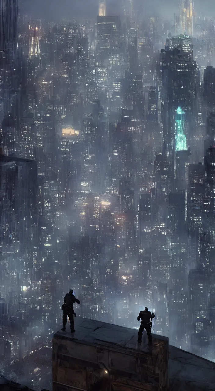 Image similar to a lone police officer overlooking a ledge towards the blue glow city below in ghostpunk new york city, highly detailed, very intricate, cinematic lighting, volumetric lighting, foggy, rain, by asher brown durand and eddie mendoza, featured on artstation