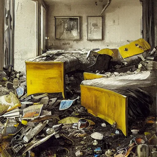 Image similar to by hendrick avercamp, by sabbas apterus warm yellow extemporaneous. a street art of a room that is wrecked, furniture overturned, belongings strewn about, & debris everywhere. the only thing left intact is a photograph on the wall shows a tidy, well - appointed space, with everything in its place.