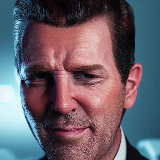 Prompt: an ultra realistic, cinematic headshot portrait of sleazy hollywood agent gary murdoch, smiling, facial features, detailed, deep focus, vaporwave background, movie still, dramatic lighting, realistic, by michal karcz and yoshitaka
