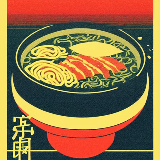 Prompt: bowl of ramen in the sea at sunset in the style of hasui kawase, as a bauhaus vintage exhibition poster, vintage, grainy