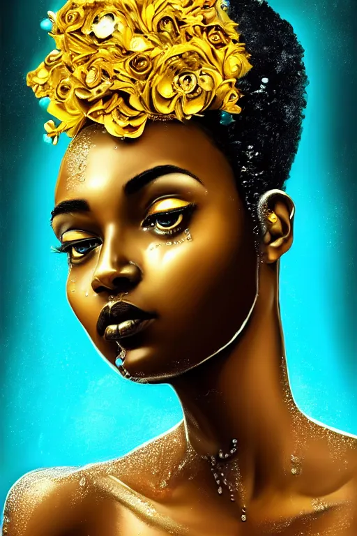 Image similar to hyperrealistic post - dada cinematic very expressive! profile black oshun goddess, in water!! up to shoulders, mirror dripping droplet!, gold flowers, highly detailed face, digital art masterpiece, smooth eric zener cam de leon, dynamic pearlescent turquoise light, low angle uhd 8 k, sharp focus