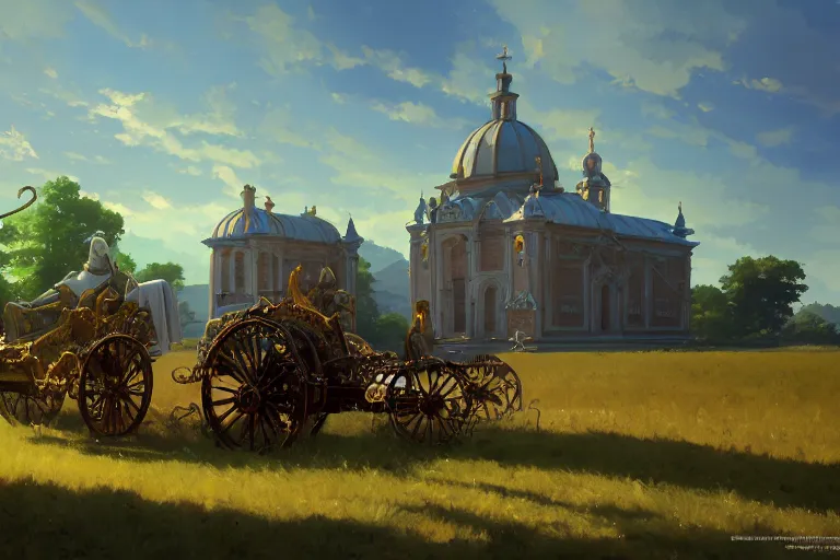 Image similar to a mobile driving ornate baroque church mounted on chainwheels, scene in an open field. key visual, conceptart, ambient lighting, highly detailed, digital painting, artstation, concept art, sharp focus, by makoto shinkai and akihiko yoshida and greg manchess