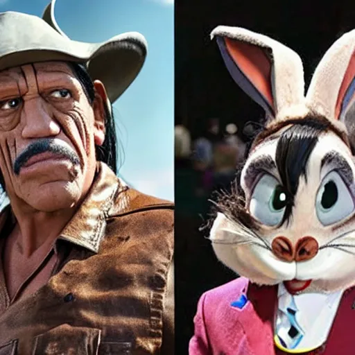 Image similar to Danny Trejo as Bugs Bunny live action movie, set photo in costume, cosplay, photograph