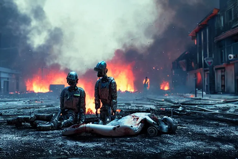 Image similar to vfx film closeup, dead robot couple on the ground holding hands, city street tire tracks fire. flat color profile low - key lighting award winning photography arri alexa cinematography, hyper real photorealistic cinematic atmospheric cool colorgrade