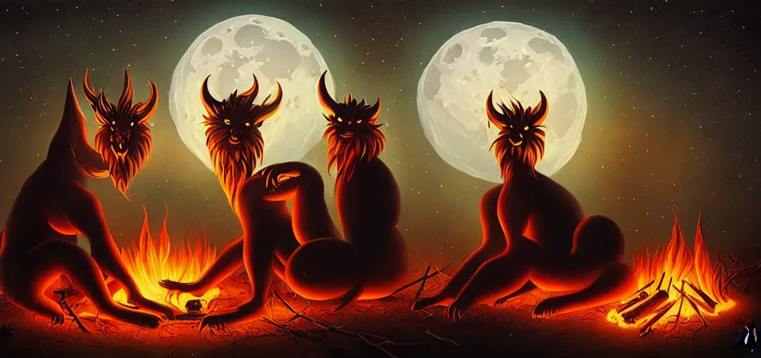 Image similar to strange mythical beasts of sitting around a fire under a full moon, surreal dark uncanny painting by ronny khalil