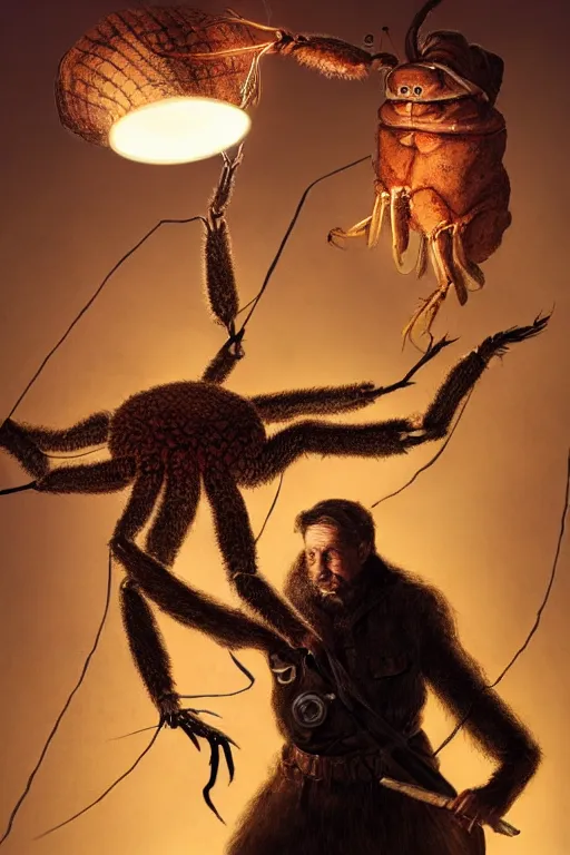 Prompt: fantasy art of an old - fashioned explorer facing the viewer and holding a lamp in front of him, illuminating an enormous monstrous spider right behind him, dramatic lighting, close up, low angle, wide angle, creepy, horrific, realistic, highly detailed digital art