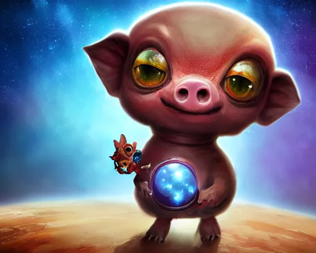 Image similar to 3D Fantasy Cute and adorable small alien piggy in space, huge adorable eyes, bright stars, Smooth 3D Illustration, soft render, Servando Lupini, Daniil Kudriavtsev, handpaint texture, Blender, 3DCoat