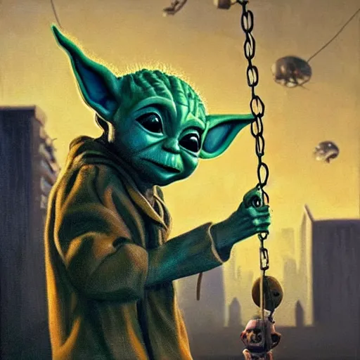 Image similar to masterful oil on canvas painting, eye - level view, medium - shot, baby yoda is at the busy school playground in a cyberpunk city. baby yoda smiles and plays on a swing set. golden hour. realism, detailed, depth, chiaroscuro, limited color palette. in the background some balloons float in the sky. mandalorian ( tv ).