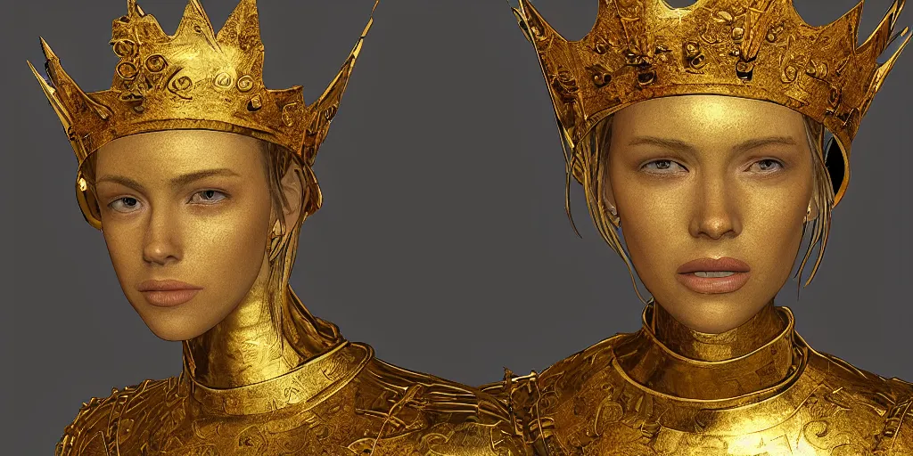 Prompt: realistic portrait of a woman made of golden armor and a crown, shinning sword, fame, 1450, ink, ultra realistic, 8k