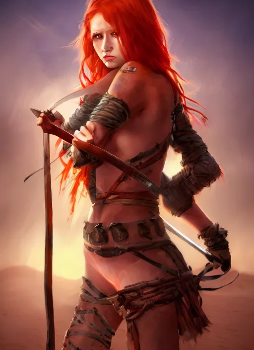 Image similar to Redhead girl which chest wrapped in bandages with katana in desert, fantasy, medieval, vivid colors, fantasy, elegant, concept art, sharp focus, beautiful face, digital art, Hyper-realistic, 4K, Unreal Engine, Highly Detailed, HD, Dramatic Lighting by Brom, trending on Artstation