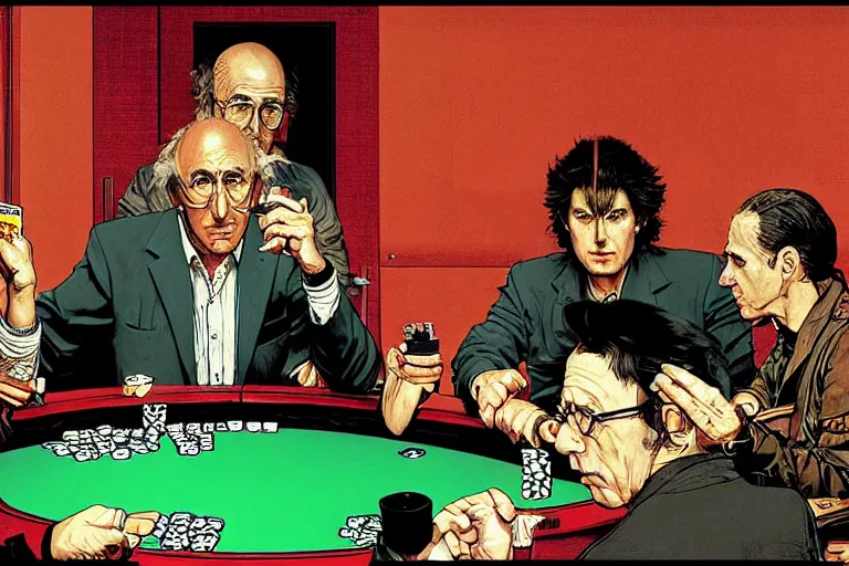 Image similar to larry david playing poker, very coherent, intricate design, painting by Laurie Greasley, part by Yoji Shinkawa, part by Norman Rockwell