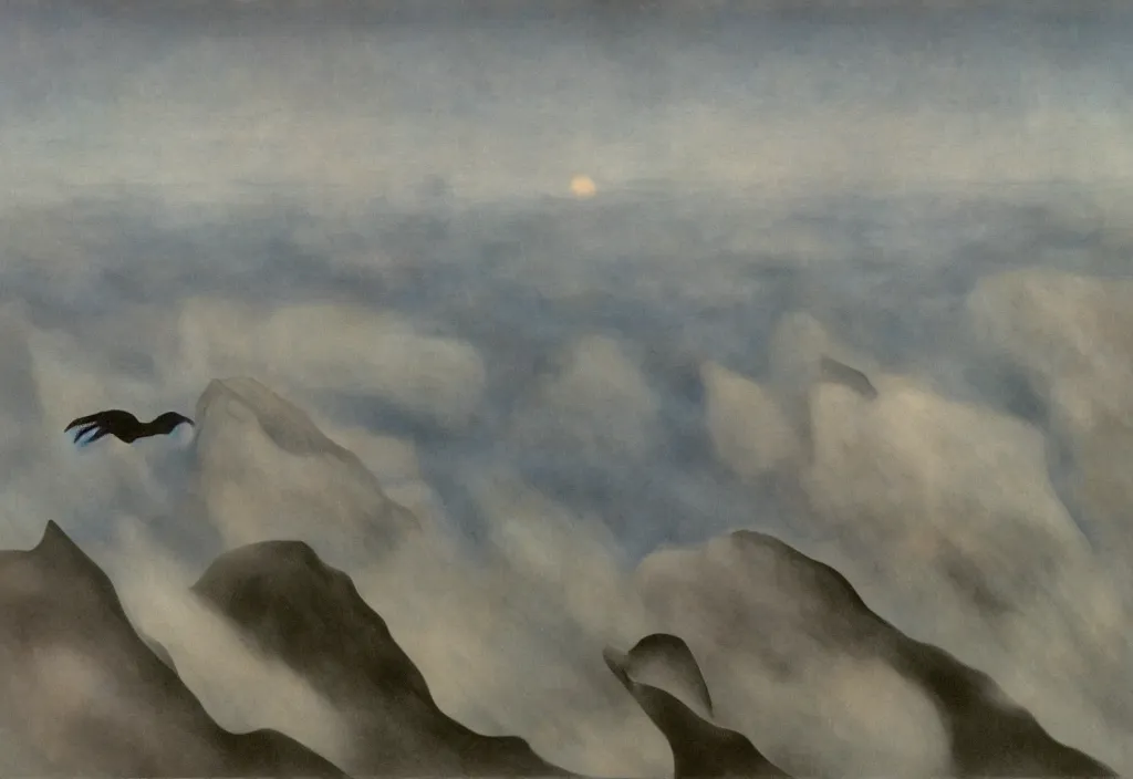 Prompt: shy mountain summit taking a peek through the clouds, fog, with curious eyes. joy of life happy flying creature. painting by yves tanguy, jean delville, rene magritte, max ernst, monet