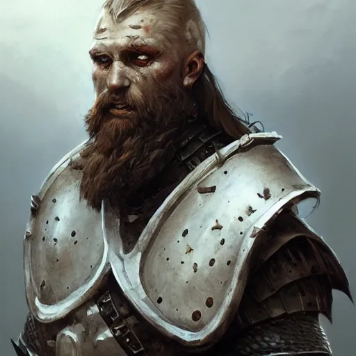 Image similar to rough-skinned, short-bearded undead Viking warrior with ice-pale skin wearing brutalist plate armor with art deco knotwork, by Greg Rutkowski and Brom