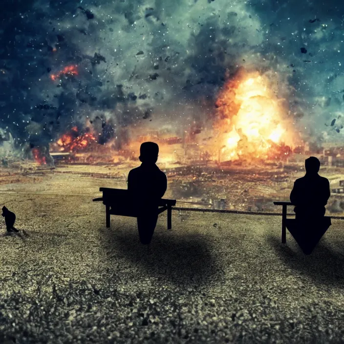 Image similar to cinematic movie close up shot, background blur bokeh, old man sitting with black cat watching nuke explosion close up!, world ending nuke, 4 k