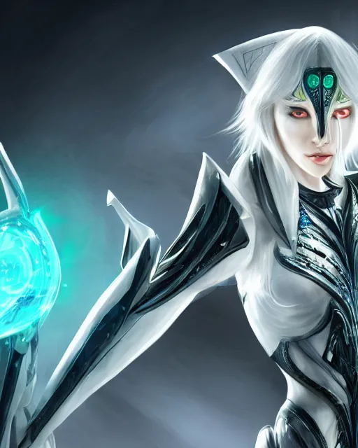 Image similar to perfect white haired attractive egyptian god, warframe armor, beautiful, symmetric, dreamy, half asian,, green eyes, charlize theron, detailed, scifi platform, laboratory, experiment, 4 k, ultra realistic, epic lighting, android body, illuminated, cinematic, masterpiece, art by akihito tsukushi, voidstar