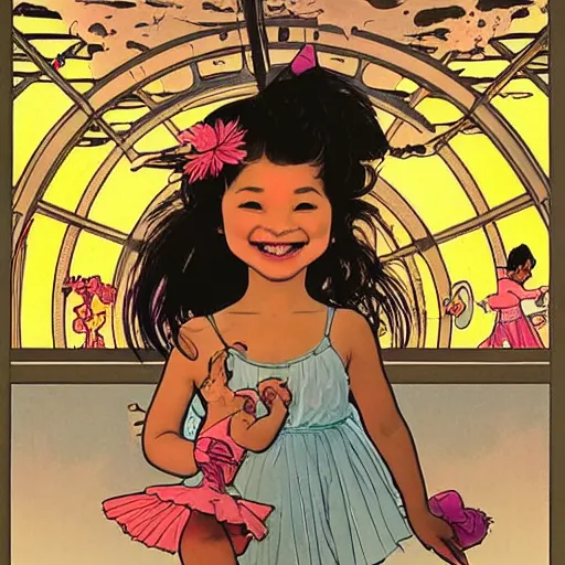 Prompt: a mixed race hapa five - year - old girl, dressed as a ballerina, balancing on the golden gate bridge, smiling into the camera, portrait, wide shot, sunset illustration, pop art, splash painting, art by geof darrow, ashley wood, alphonse mucha