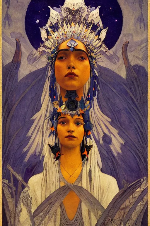 Prompt: queen of the crows with stars in her hair by Nicholas Roerich and Annie Swynnerton and Diego Rivera and jean delville and Carl Larsson, dramatic cinematic lighting , silver jewelry, ornate headdress, flowing robes, sacred artifacts, lost civilizations, smooth, sharp focus, extremely detailed