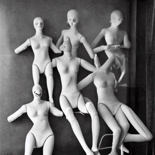 Image similar to a manikin party, wax manikin heads, smiling, photograph, style of atget, nightmare, concept art, creepy