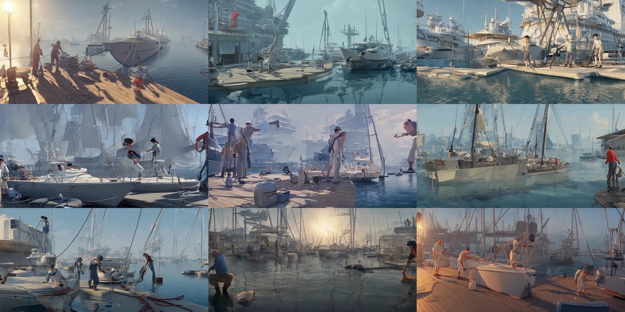 Prompt: men cleaning and maintaining a docked yacht at the port, studio Ghibli, Pixar and Disney animation, sharp, Rendered Unreal Engine 5, film key art, Greg Rutkowski, Bloom, dramatic lighting